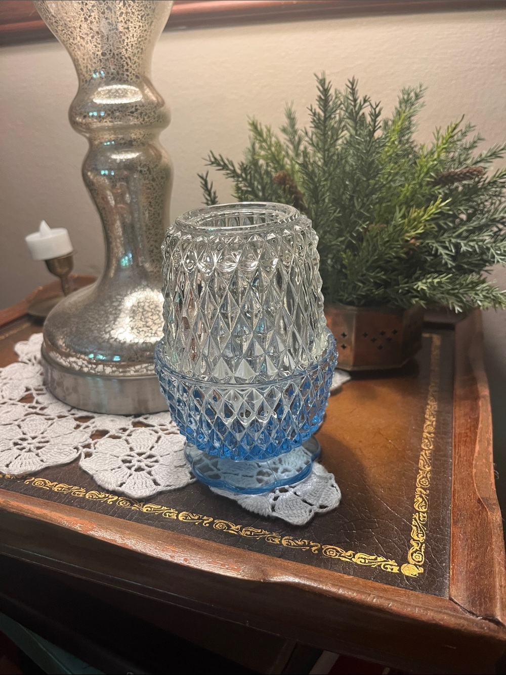 Indiana Glass Two-Tone Diamond-Cut Fairy Lamp in Clear and Light Blue